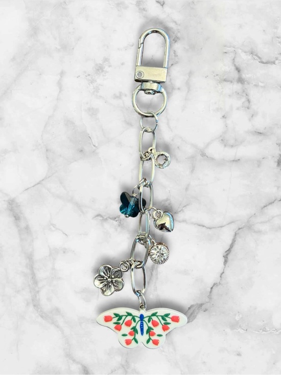Accessories - Silver Charm Keychain with Floral Butterfly and Crystal Accents